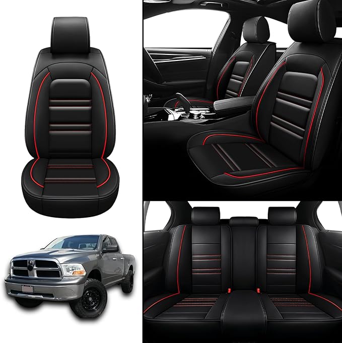 Seat Covers for Dodge ram 1500 2004-2011 | 5-Seats Leather Seat Covers, Easy to Install Automotive Seat Covers Full Set (Full Set, Black&Red Line)