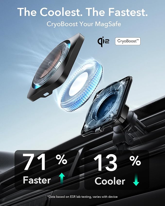 ESR for Qi2 15W MagSafe Car Mount Charger with CryoBoost, Phone Cooling MagSafe Car Charger, Air Vent/Dashboard Wireless Charging for iPhone 17/16/15/14/13/12, S25 Series, Pixel 10, Fast Charger