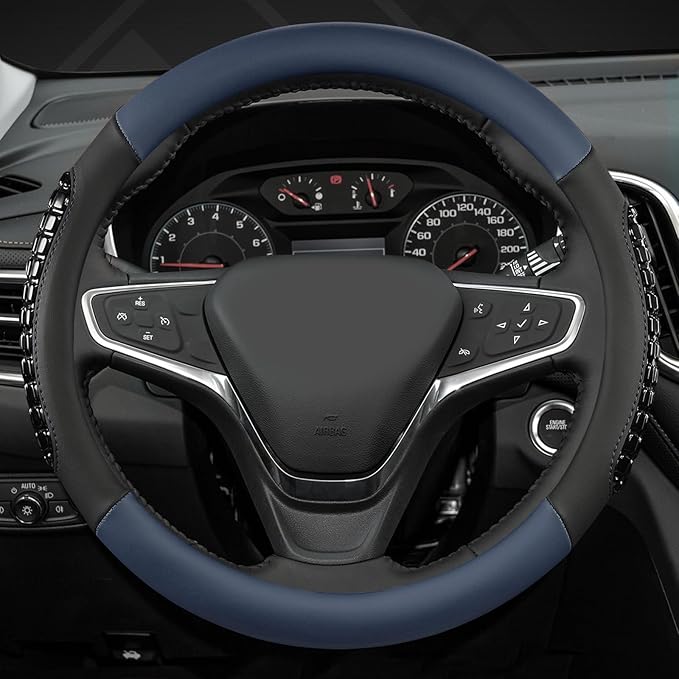 West Llama Nappa Leather Car Steering Wheel Cover Gel Massage,Cool in Summer,Universal 15 inch(Blue+Black-Standard Size)