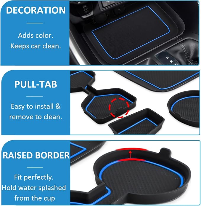 Auovo 3D Cup Holder Insert Liners Compatible with Toyota RAV4 Accessories 2025 2024 2023 2022 2021 2020 2019 Car Custom Cup Holder Mats Pads 4-pc Set (Blue Trim)
