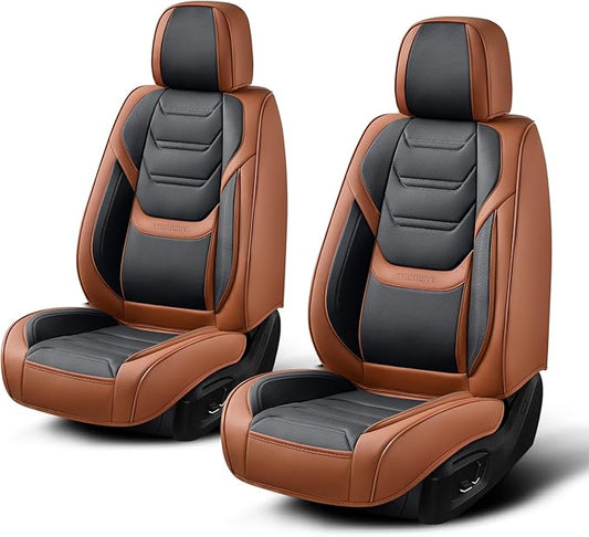 Leather Car Seat Covers Full Set with Lumbar Support, Waterproof Car Seat Cover, Universal Seat Covers for Cars, Trucks, SUVs, Sedans, Pickups, Airbag Compatible, Front Pair, Brown&Black