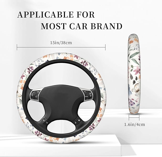 Watercolor Wildflowers Car Steering Wheel Cover, Non-Slip Absorbing Sweat Car Wheel Cover Accessories for Men Women,Universal 15" Fit Auto SUV Vans Trucks