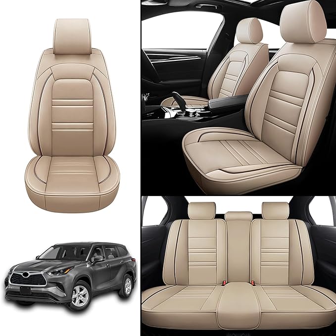 Seat Covers for Toyota Highlander 2001-2025 | 5-Seats Leather Seat Covers, Easy to Install Automotive Seat Covers Full Set (Full Set, Beige)