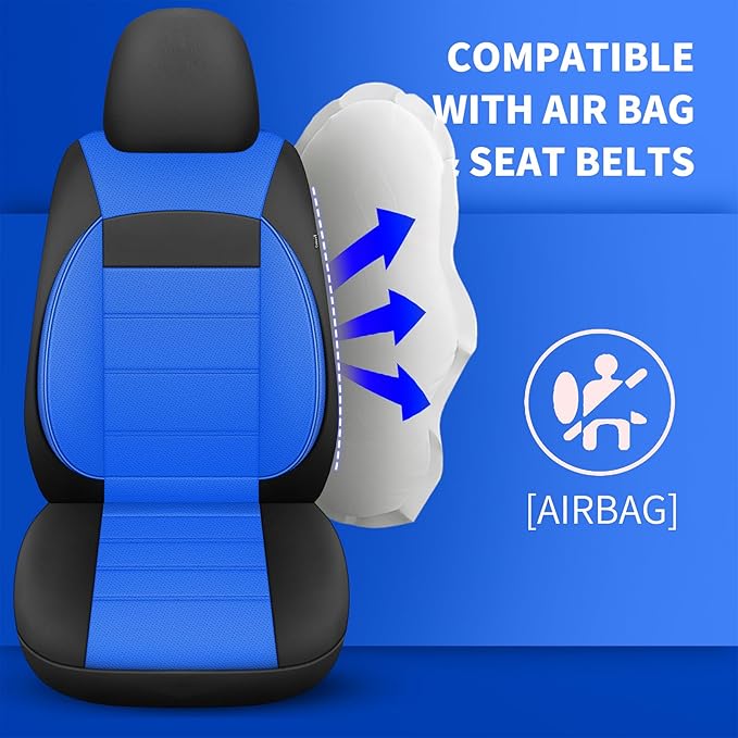Leather Car Seat Covers Front Seats, 3D Foam Support Car Seat Covers, Universal fit for Trucks Vans SUVs Sedans Automotive Comfortable, Airbag Compatible 2PCS Front, Black+Blue