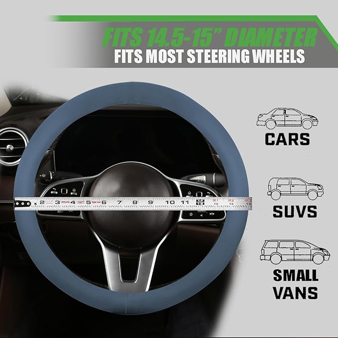 Suede Steering Wheel Cover with Upgraded Silicone Inner Ring, Anti Heat, Breathable, Anti-Slip, Leather Universal 14.5 to 15 inch Steering Wheel Cover (Pure Blue)