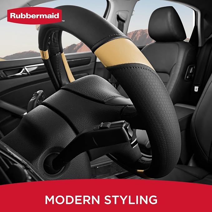 Rubbermaid Steering Wheel Cover – Universal Fit 14.5"–15" Steering Wheel Cover, Anti-Slip Grip, Breathable Leather, All-Season Protection, Interior Upgrade for Cars, Trucks, SUVs - Beige