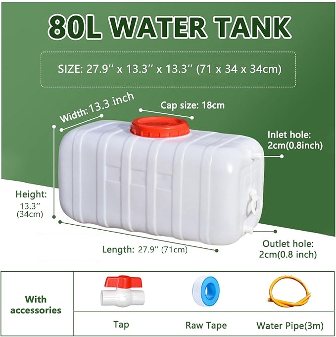 Large Water Storage Tank BPA Free Water Jug Container with Spigot, Portable Food Grade Plastic with Wide Opening for Outdoor Camping Hiking RV Emergency(Size:80L,Color:White)