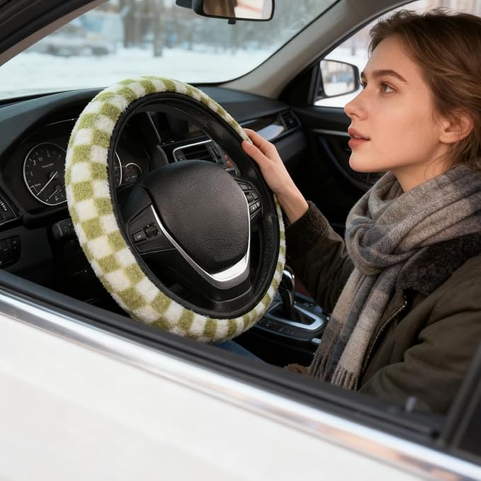 Green and White Checkered Fuzzy Steering Wheel Cover for Women, Universal Auto Steering Wheel 14-15 Inch Soft Warm Car Interior Accessories with 2PCS Car Coasters, Suitable for Men and Women
