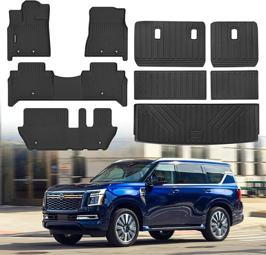 All Weather Car Floor Mats Cargo Liner with Backrest Mat for 2025 2026 Nissan Armada/Infiniti QX80 8 Seats, TPE Rubber Liners Full Set Automotive Mats for 2025 2026 Nissan Armada Accessories