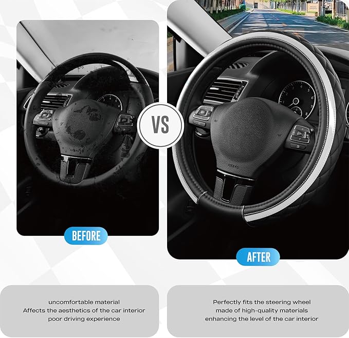 Road Comforts Leather Steering Wheel Cover – Black & Silver, Universal Fit 14.5-15 Inch, Microfiber Leather, Anti-Slip & Breathable Design for Men and Women