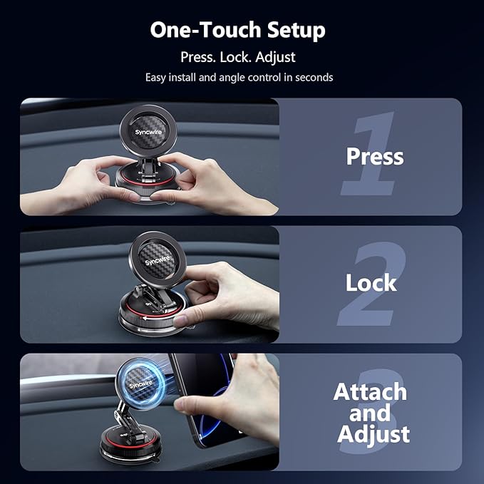 SYNCWIRE for MagSafe Car Mount [3-Axis] Nano Adhesive Gel + Strong Suction Cup Magnetic Phone Holder for Dashboard & Windshield, 360° Adjustable for iPhone 17 16 15 14 13 12, Samsung, Carbon Fiber