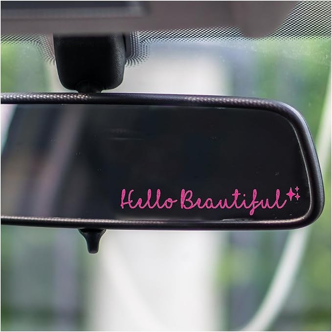 Rearview -Mirror -Decal Water Bottle -Stickers Affirmation Reminder Sticker Laptop Bumper Tumbler Vinyl Sticker Car Mirror Decal Funny Car Decor -Gift (Pink, Hello Beautiful)