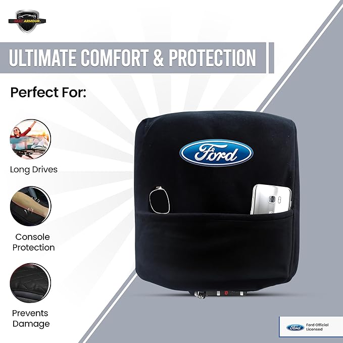 Seat Armour Center Console Cover for Ford F-150 (2004–2014) – Black, Custom Fit with Officially Licensed Embroidered Ford Logo – Soft, Durable & Machine Washable