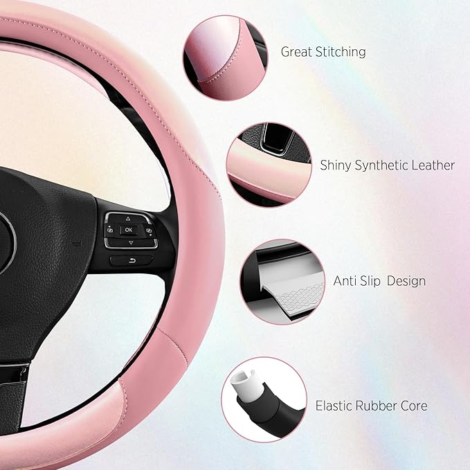 Road Comforts Steering Wheel Cover – Breathable Leather Steering Wheel Cover, Anti-Slip Grip, Universal Fit 14.5” to 15”, Heat & Cold Resistant for Cars, SUVs, and Trucks – Shining Pink & Pink