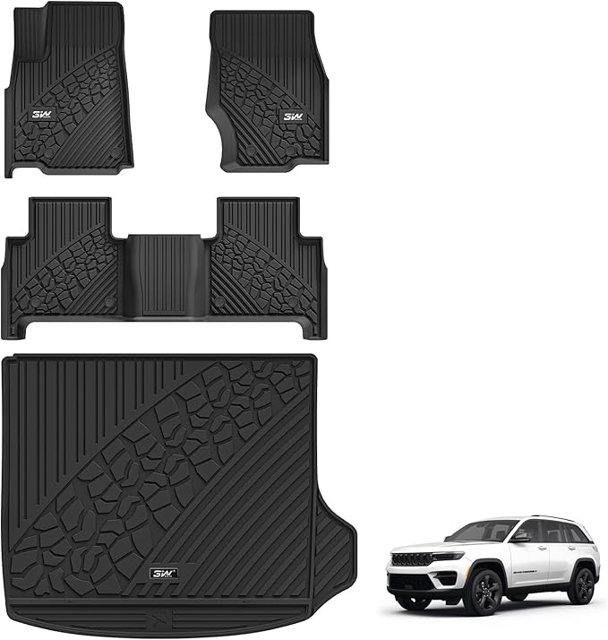 3W Floor Mats & Cargo Liner Fit for Jeep Grand Cherokee (Include 4xe Not L or WK) 2025 2024-2022,TPE All Weather Custom Fit Floor Liners for 1st 2nd Rows and Trunk Full Set Car Mats, Black