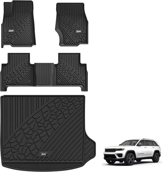 3W Floor Mats & Cargo Liner Fit for Jeep Grand Cherokee (Include 4xe Not L or WK) 2025 2024-2022,TPE All Weather Custom Fit Floor Liners for 1st 2nd Rows and Trunk Full Set Car Mats, Black