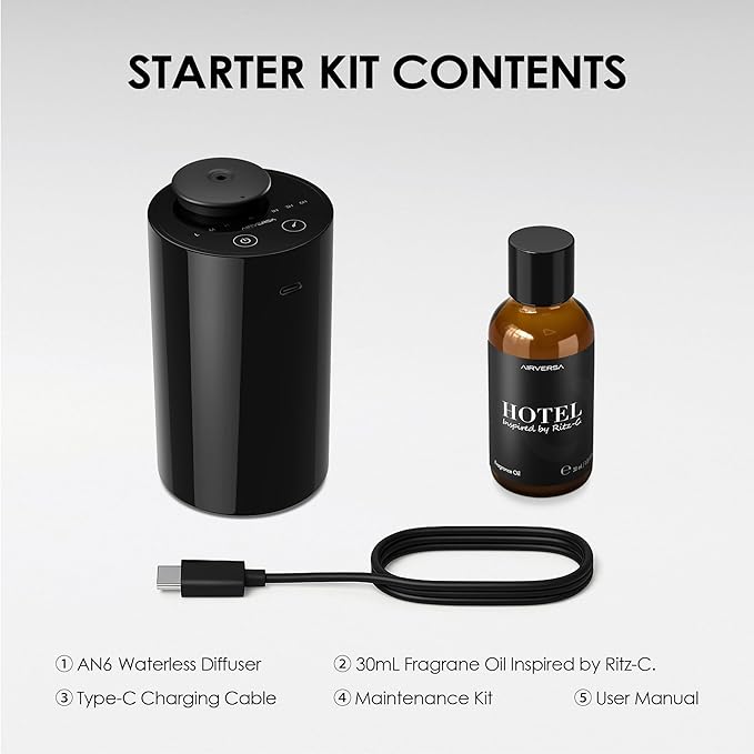 Waterless Essential Oil Diffuser Starter Kit with 30mL Hotel Scent Fragrance Oil Inspired by Ritz-C., Battery Operated Mini Scent Air Machine Portable Diffuser for Home Car Office, Black AN6