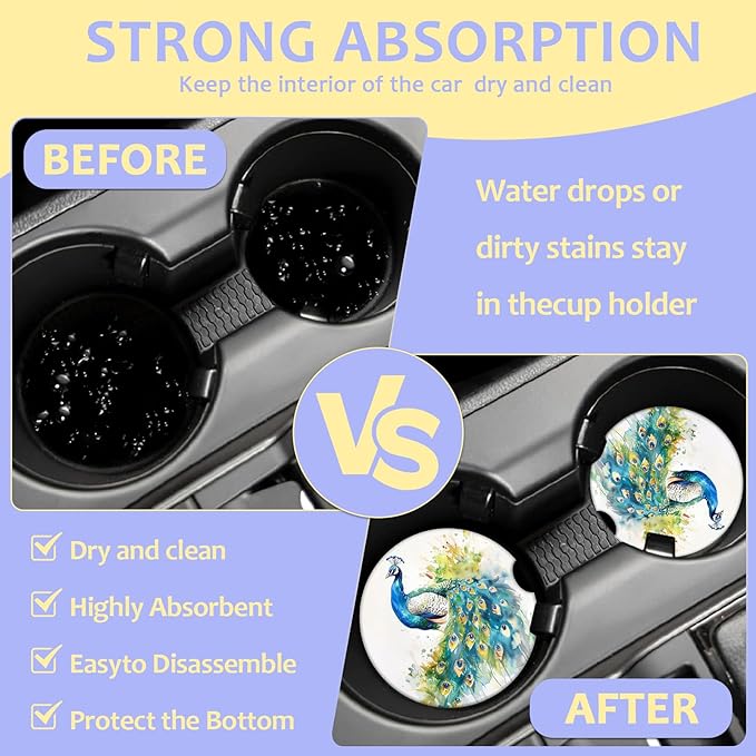2 Pack Car Cup Holder Coaster-Peacocks Watercolor Absorbent Ceramic Coaster, Car Coasters for Cup Holders,Auto Accessories for Women & Men