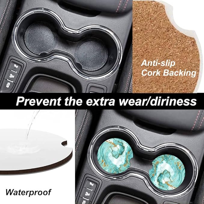 Turquoise Gold Marble Absorbent Cup Holders Car Coasters,Ceramic Stone Drinks Coaster Set for Women Man 2.56"(2 Pack)
