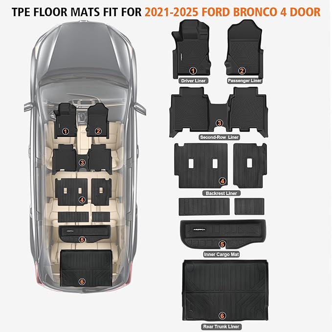 All Weather Car Floor Mats Cargo Liner with Backrest Mat for Ford Bronco 4 Door 2025 2024-2021(Not for Bronco Sport), TPE Rubber Liners Full Set Automotive Mats for 2025 Bronco Accessories