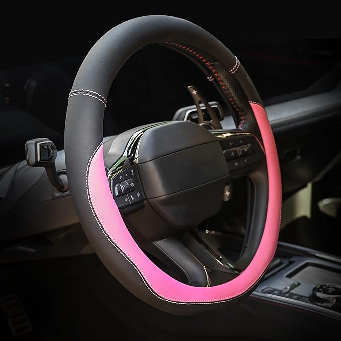 Valleycomfy Microfiber Leather Steering Wheel Cover Large-Size for F150 F250 F350 Ram 4Runner Tacoma Tundra Range Rover Model S X with 15 1/2 inches-16 inches Outer Diameter Pink