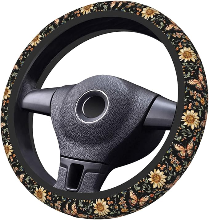 Flowers Colorful Butterflies Steering Wheel Cover for Women Girls, 15 Inches Anti-Slip Steering Wheel Cover for Auto Truck SUV