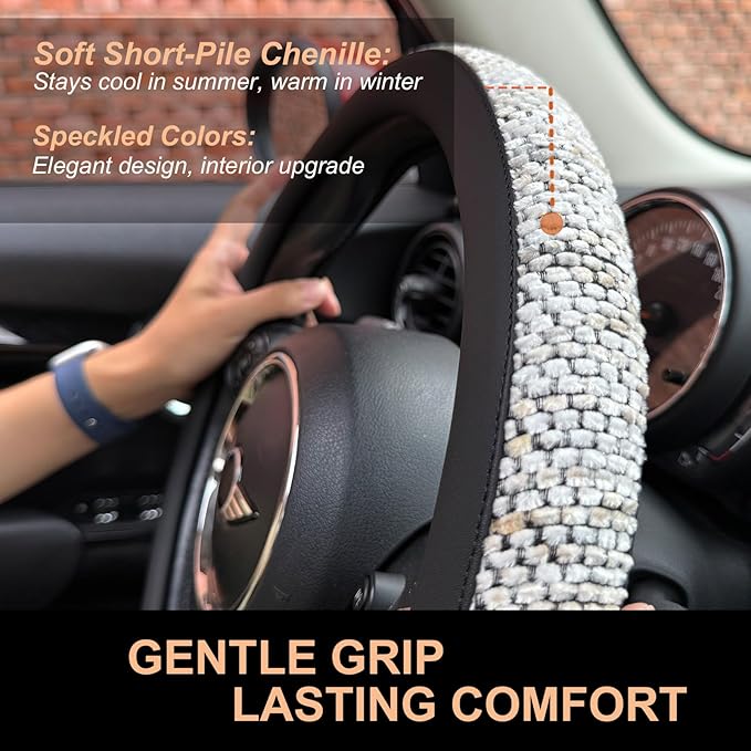 PINCTROT D Shaped Chenille Leather Steering Wheel Cover, Soft Mottled Colors, Sweat-Proof, Non-Slip Grip, All-Season Comfort, Flat Bottom 14.5-15 Inch(Mottled White)