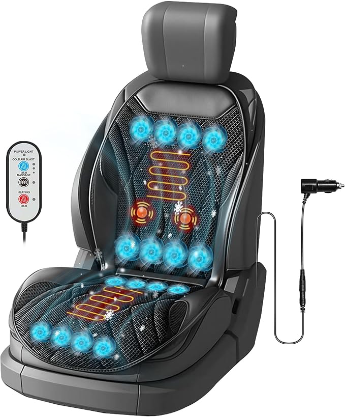 3-in-1 Cooling Car Seat Cushion with Massage & Temperature Control, 16 Fans Ventilated Seat Cooler, 12V Front Seat Summer Cooling Seat Cover for Car SUV Truck (Black)