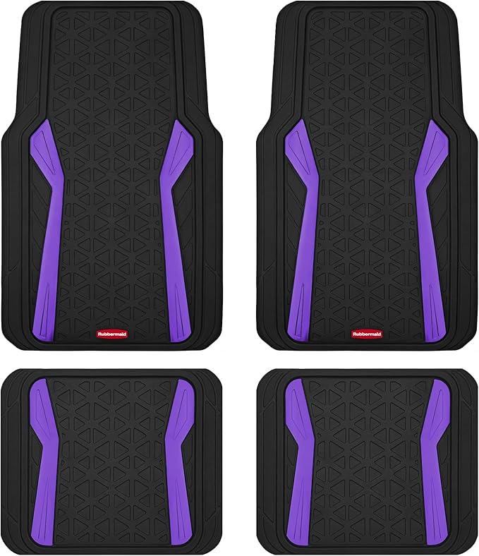 Rubbermaid Car Floor Mats Full Set,Premium Heavy Duty All-Weather Car Mats– Rugged Rubber with Brushed Aluminum Inserts, Universal Trim-to-Fit, Anti-Slip Backing for Cars, SUVs, Trucks & Vans - Purple
