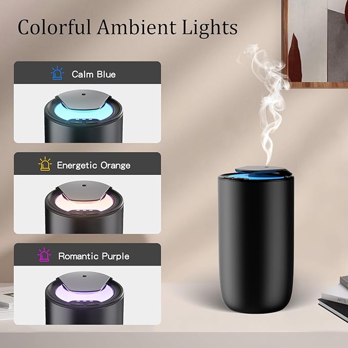 Waterless Diffuser for Essential Oil, Battery Operated Mini Fragrance Scent Air Machine, 3-Color Ambient Night Light, Aluminum, 0.51 Oz/15mL, 3 Countdown Timers & 3 Mist Levels for Home, Car, Titanium