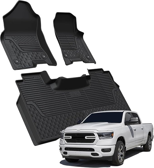 LASFIT Floor Mats for Ram 1500 2019-2024 Crew Cab with Rear Under-Seat Storage Bucket Seat (NOT Fit for Classic Model), 4 Full Size Doors All Weather TPE Custom Fit 1st & 2nd Row, Black