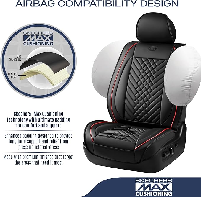 Skechers MAX Cushioning Car Seat Covers,Memory Foam Piping Leather Seat Covers,Waterproof Car Seat Protector Front Seats,Car Seat Cushion Airbag Universal Fit for Most Cars,Vans,Trucks,SUV,Red