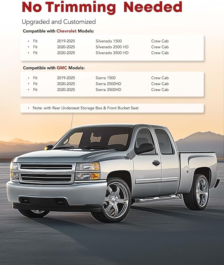 YHTAUTO Floor Mats Fit 2019-2025 Chevy Silverado/GMC Sierra 1500, 2020-2025 Silverado/Sierra 2500HD/3500HD Crew Cab (w/Rear Underseat Storage Box & Front Bucket Seat), TPE All Weather Floor Liner