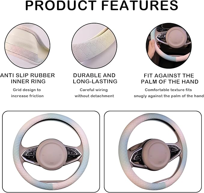 Steering Wheel Cover, with Non-Slip Lining, Cool in Summer Warm in Winter for Men Women, 14.5-15 Inch Non-Slip Breathable Leather Car Steering Wheel Protector