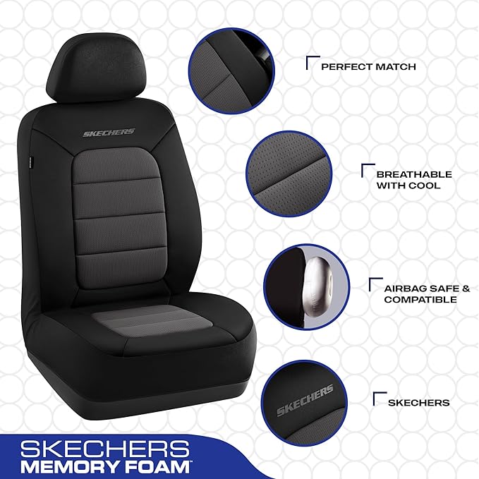 Skechers Memory Foam Car Seat Covers,Thick Cool Touch Fabric Seat Covers,Seat Cover Full Sets Airbag Compatible,Automotive Comfort Protection for Most Cars,Vans,Trucks,SUV,Grey