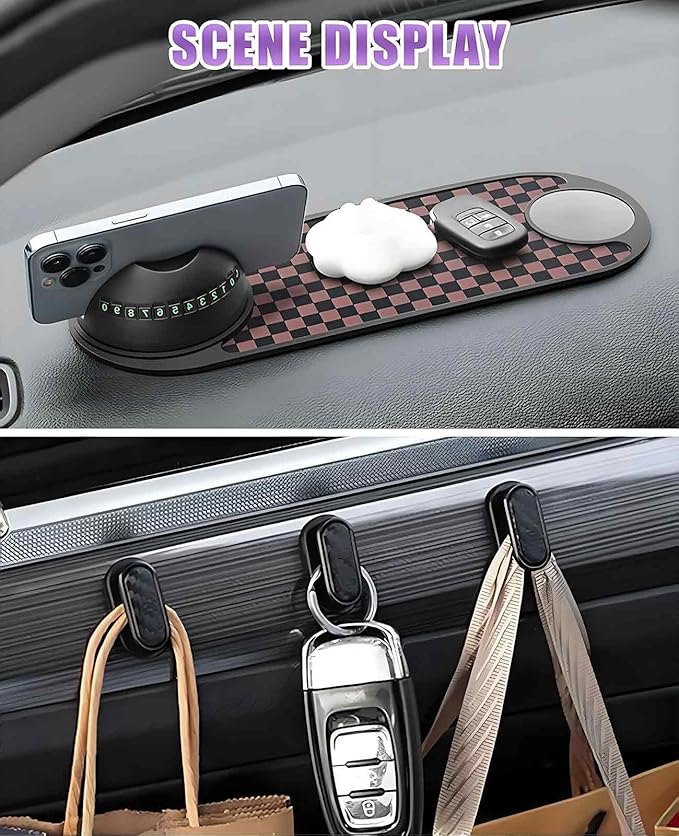 5PCS Anti Slip Mat for Car Dashboard with Storage Hook Set, 360° Multifunction Phone Pad Holder with Temporary Parking Number