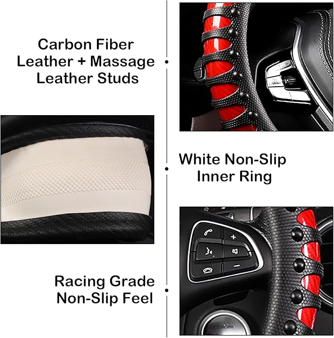 3D Massage Red Carbon Fiber Leather Steering Wheel Cover, 14.5-15 Inch Non-Slip Breathable Microfiber Car Steering Wheel Protector