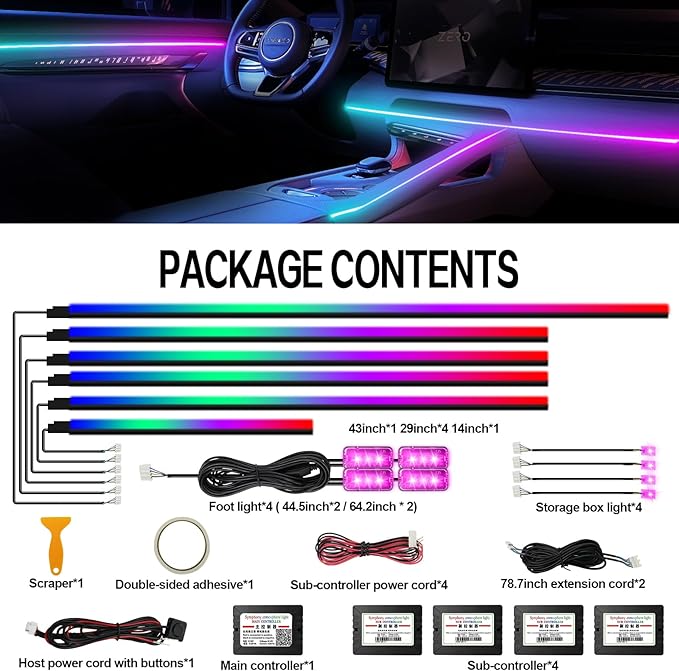 Dreamcolor Acrylic Interior Car LED Strip Light with Wireless APP Control, RGB 14-in-1 Ambient Lighting Kit with Music Sync, Dynamic Color Chasing Neon Lights for Car Interior