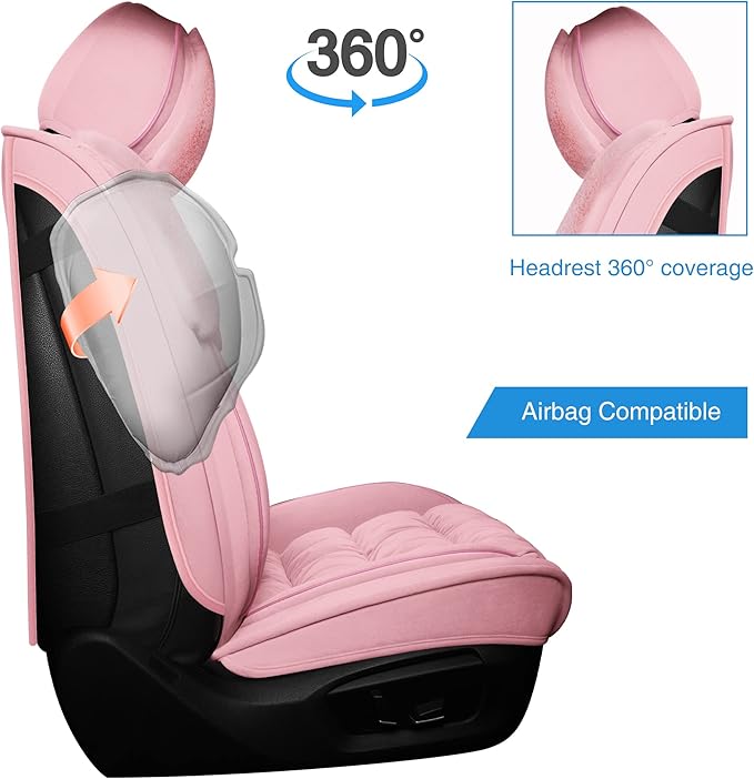 AOOG Fuzzy Leather Car Seat Covers, Heated Front Bench Back Cushion Protector for Cars SUV Trucks (Front seat, Pink)