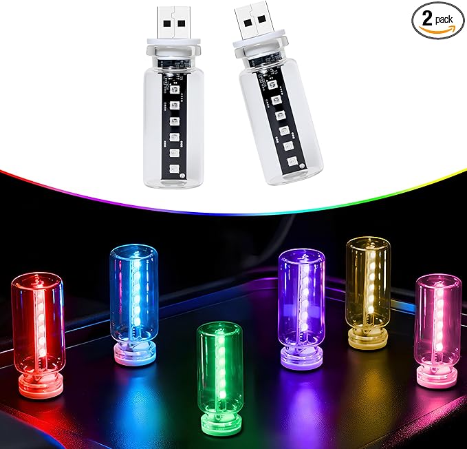 13-in-1 Car USB Night Light - Touch Dimmable LED Filament Lamp with 13 Modes & 7 Colors, USB Interior Lights for Car, Truck, Party, Camping, Holiday, Bedroom, Desktop（2Pcs）