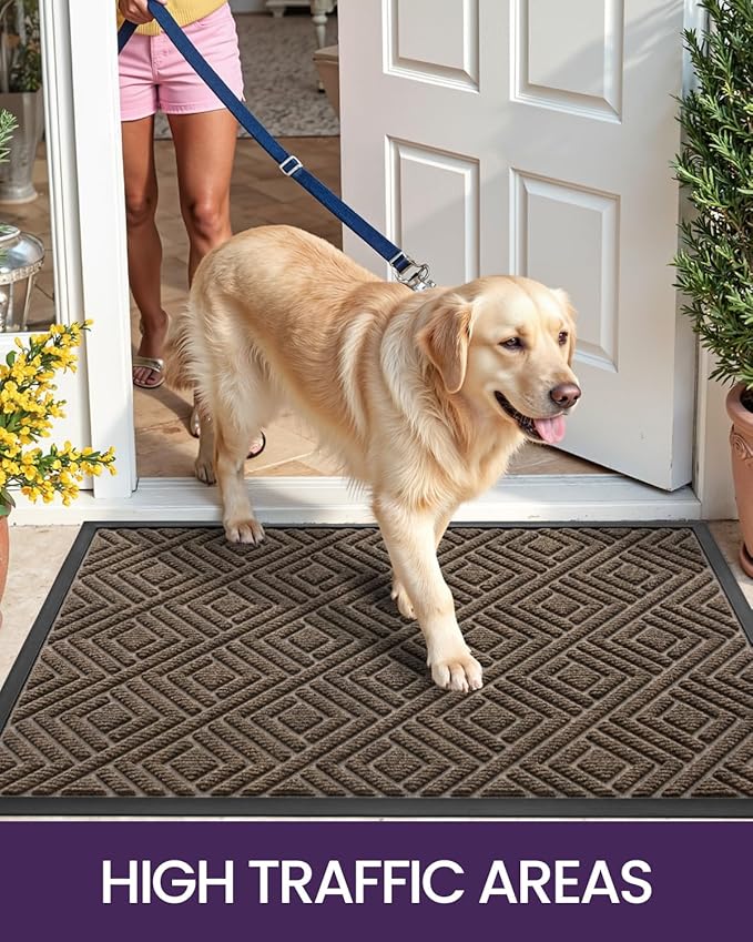 DEXI Front Door Mat Outside Entrance, Heavy Duty Rubber Backed Doormat, Stain and Fade Resistant, Low-Profile Easy Clean Entryway Floor Mats, 2x3, Checkered Brown
