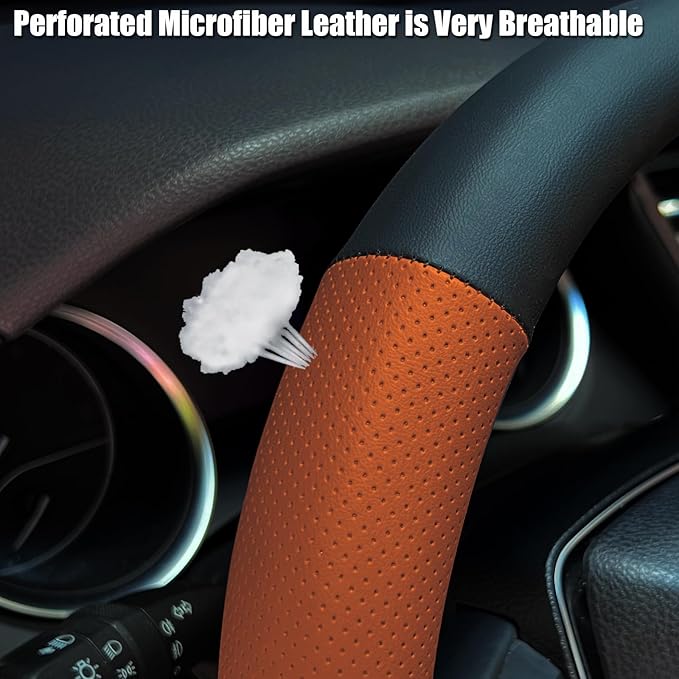 Steering Wheel Cover Standard Size 14.5-15 inch, Non-Slip Car Wheel Cover Protector, Breathable Microfiber Leather, Black and Orange
