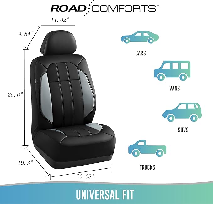 Road Comforts Car Seat Covers, Breathable Leather Seat Covers, Car Seat Covers Front Seats Airbag Compatible, Automotive Seat Covers for Most Cars, Vans, Trucks, SUV- Gray