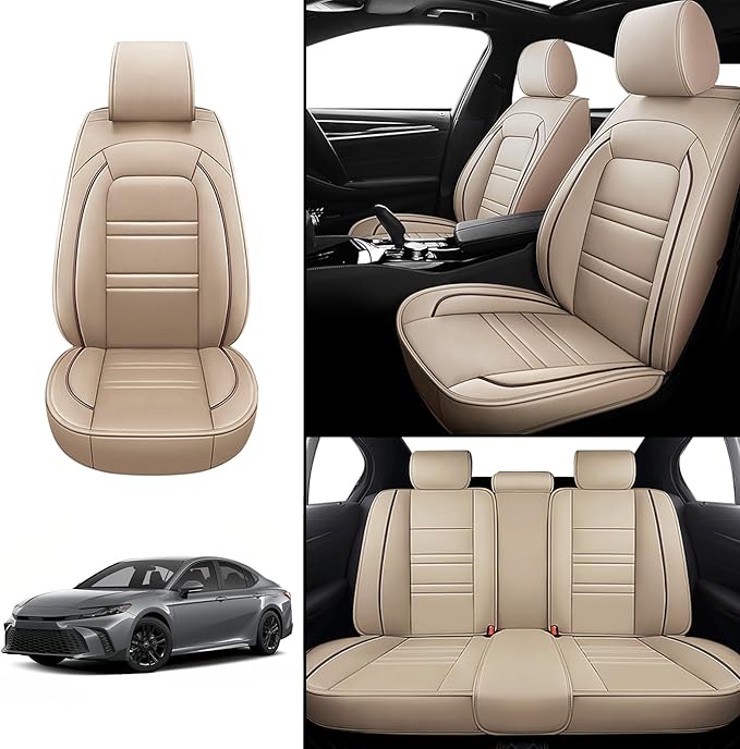 Seat Covers for Toyota Camry 2002-2025 | 5-Seats Leather Seat Covers, Easy to Install Automotive Seat Covers Full Set (Full Set, Beige)