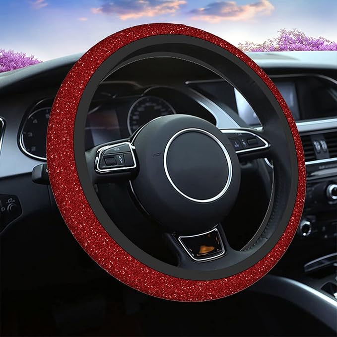 Swono Red Glitter Steering Wheel Cover,Abstract Red Shiny Glitter Breathable Auto Car Steering Wheel Cushion Case for Men Universal 15 Inch Steering Wheel Protection
