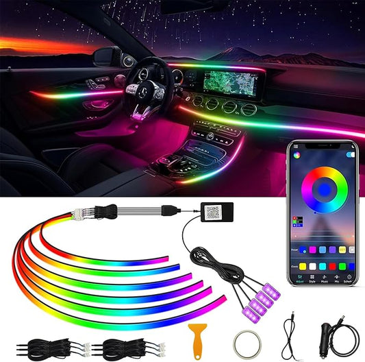 Acrylic Interior Car LED Strip Light RGB Dreamcolor 10 in1 with Wireless APP, 175 inches 593 LED 16 Million Color Fiber Optic Automotive Ambient Light Kits Music Sync Sound Activated Car Neon Lights