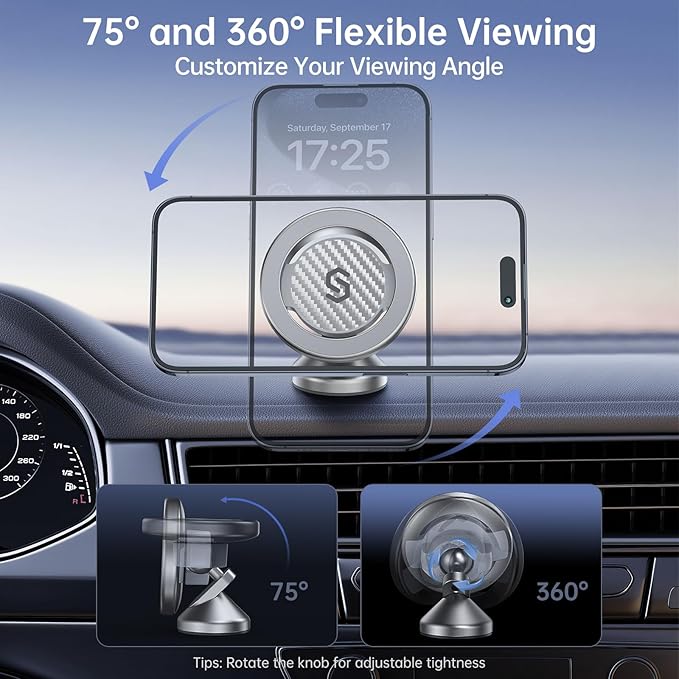 SYNCWIRE for MagSafe Car Mount - Kevlar Material Magnetic Phone Holder for Car Dash,360° Rotation Strong Magnets Car Phone Holder Compatible iPhone 17 Pro Max Air 16 15 14 13, MagSafe Car Accessories