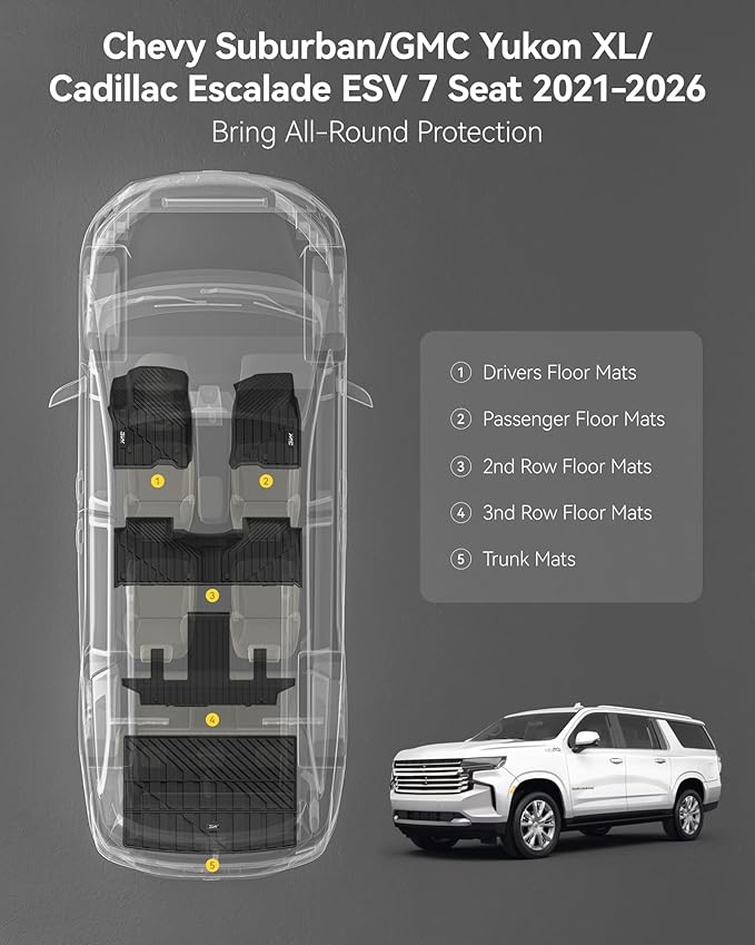 3W Floor Mats & Cargo Liner for 2021-2026 Chevy Suburban (Only 7 Seats (Not Fit 8/9 Seats) / Yukon XL (Not Fit Yukon) /Escalade ESV 7 Seat, TPE All Weather Custom Fit Full Set Car Liner,Bucket Seat