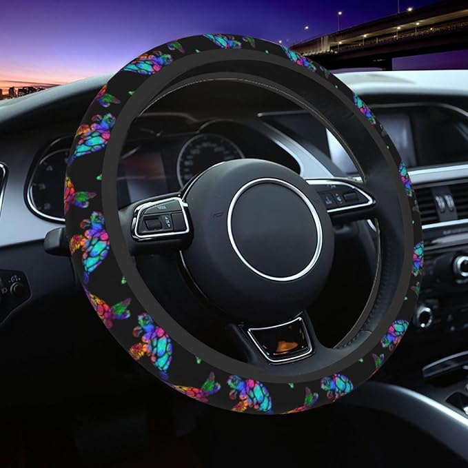 Sea Turtle Steering Wheel Cover with 2 Car Coasters Non Slip Neoprene for Women Men Universal 15 Inch