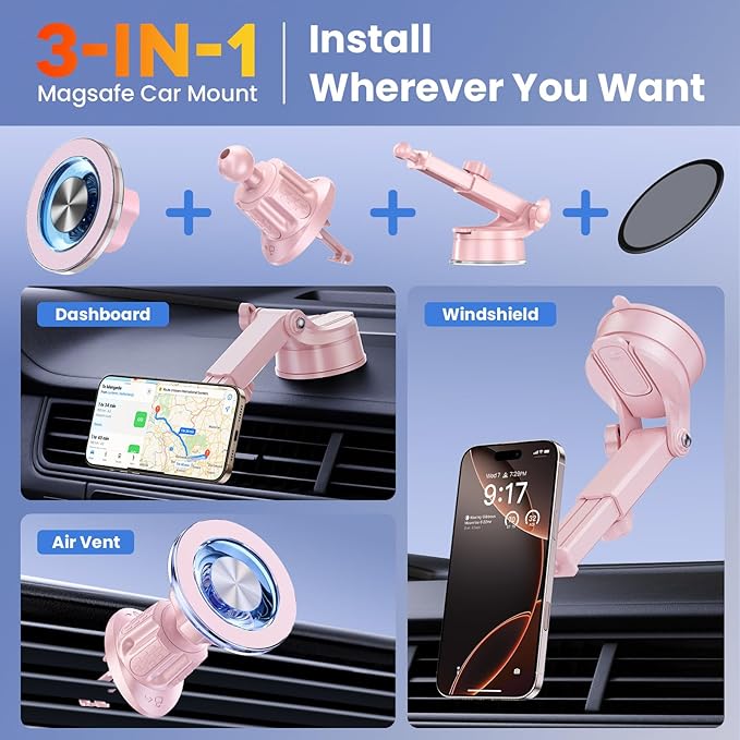 for MagSafe Magnetic Car Phone Holder [2025 Upgraded Strongest Magnet] Car Mount Suction Cell Stand for Dashboard Windshield Vent Compatible with iPhone 16/15/14/13/12/11 Android etc-Pink